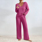 Two-Piece Knit Set with V-Neck Sweater & Pants | Perfect for Autumn & Winter - Pink