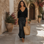 Satin-Midikleid mit kuscheliger Pullover-Kombination | Elegantes Outfit