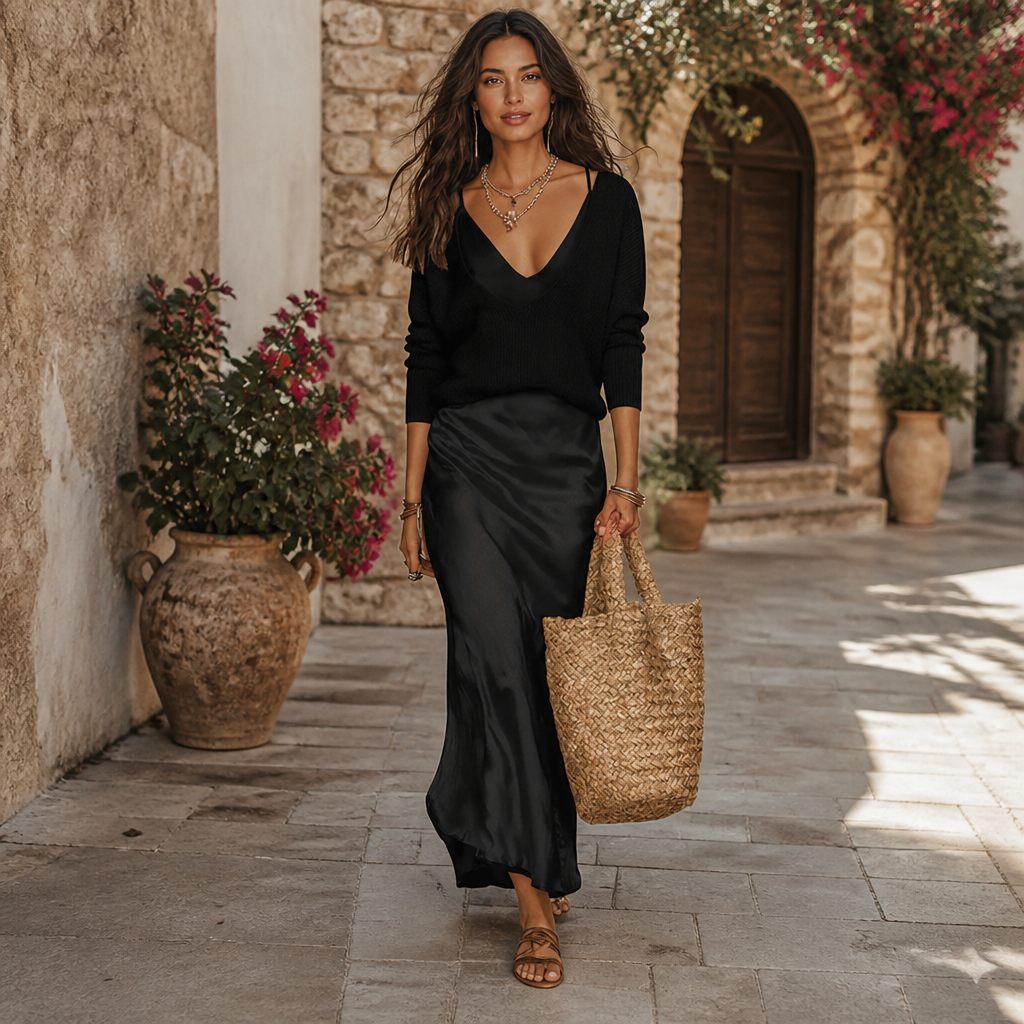 Satin-Midikleid mit kuscheliger Pullover-Kombination | Elegantes Outfit