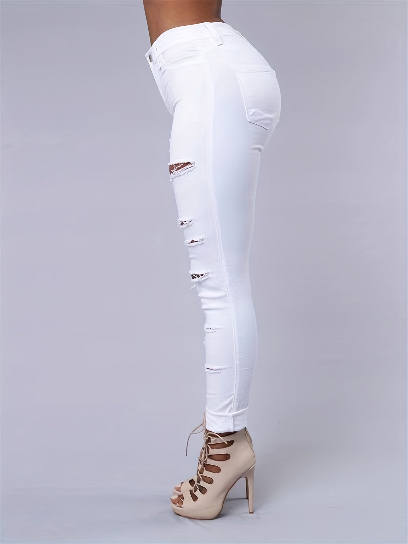 Gerissene High-Stretch Distressed Jeans, Reißverschluss-Knopfverschluss, einfarbige Slim Fit Denim Hose, Damen Jeans & Kleidung