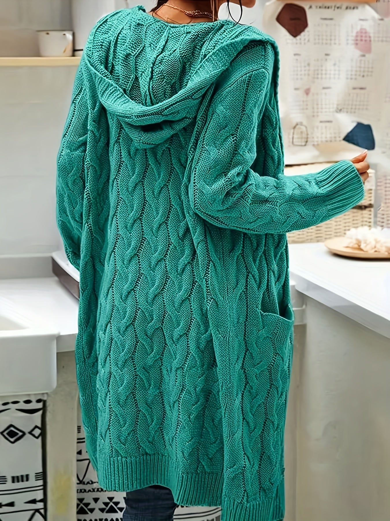 Plus Size, Women's Mid Length Hooded Cardigan with Button-Detail Pockets