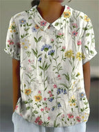 Long-Sleeve Women's Shirt with Autumn Floral Print, Lightweight Cotton, Relaxed Fit - White Floral