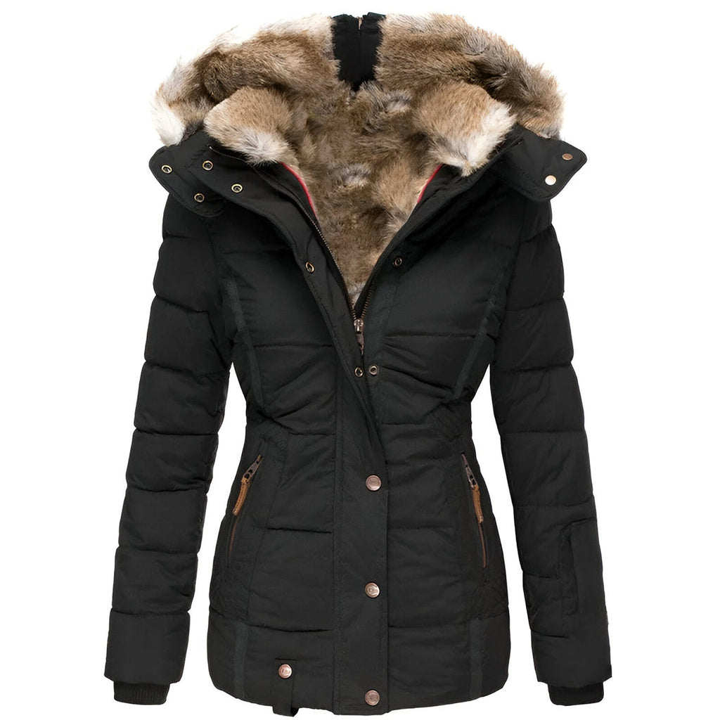 Women's Winter Quilted Jacket with Detachable Hood and Slim Fit - Black