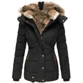 Women's Winter Quilted Jacket with Detachable Hood and Slim Fit - Black