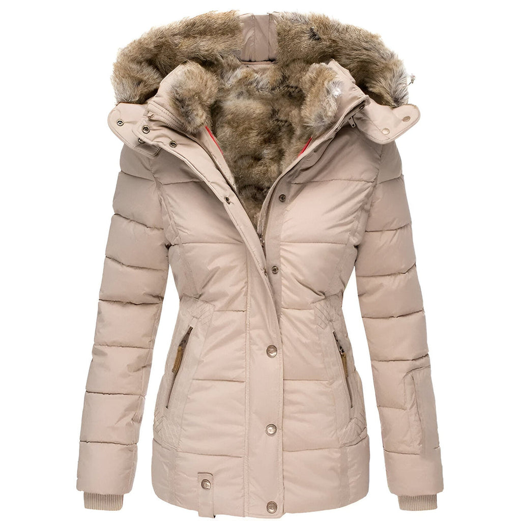 Women's Winter Quilted Jacket with Detachable Hood and Slim Fit - Beige