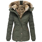 Women's Winter Quilted Jacket with Detachable Hood and Slim Fit - Green