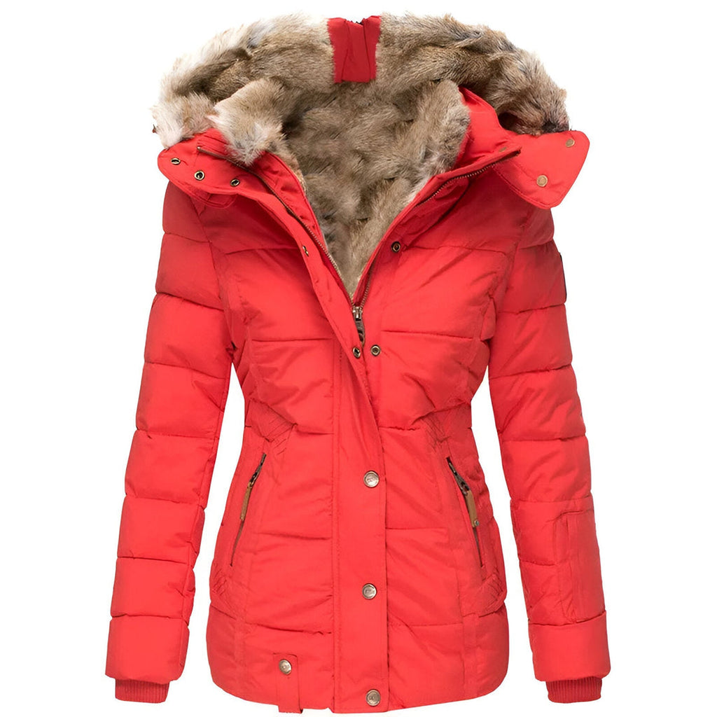 Women's Winter Quilted Jacket with Detachable Hood and Slim Fit - Red