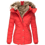 Women's Winter Quilted Jacket with Detachable Hood and Slim Fit - Red