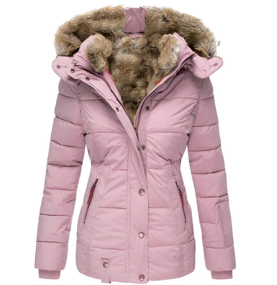 Women's Winter Quilted Jacket with Detachable Hood and Slim Fit - Pink
