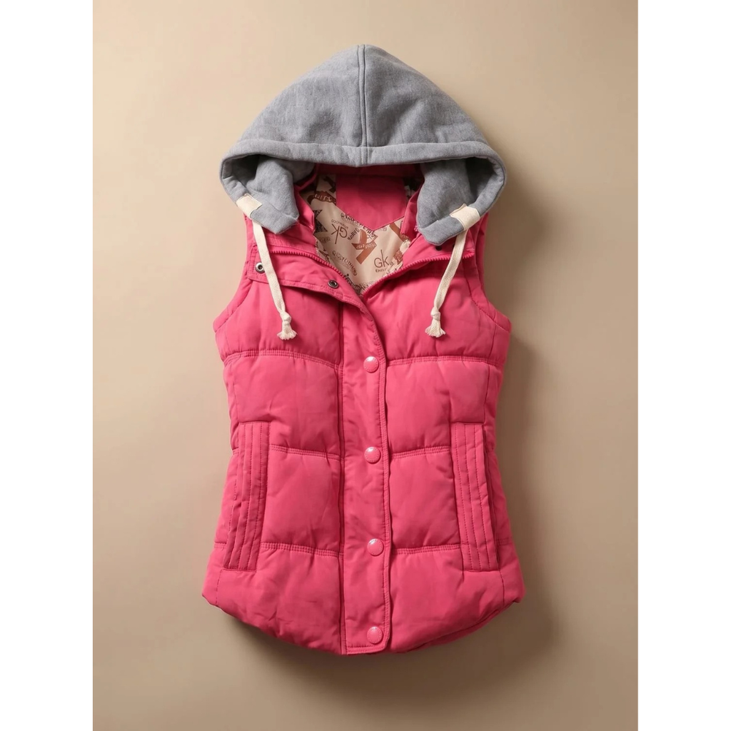 Women's quilted vest with hood, zipper and pockets