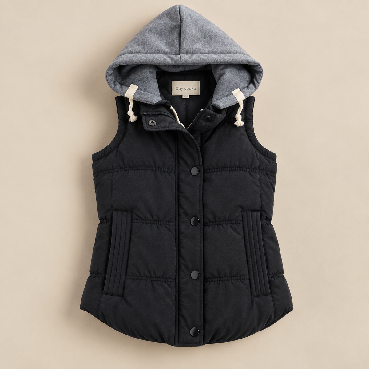 Women's quilted vest with hood, zipper and pockets