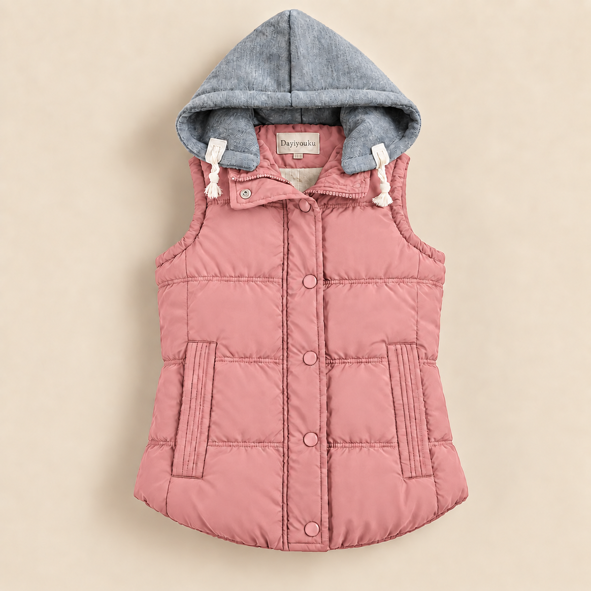 Women's quilted vest with hood, zipper and pockets