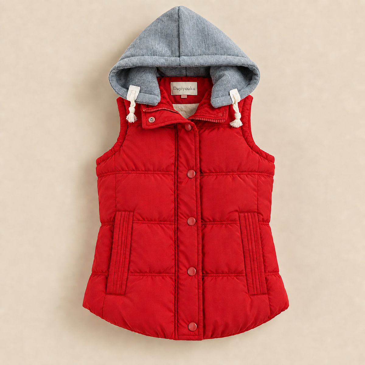 Women's quilted vest with hood, zipper and pockets