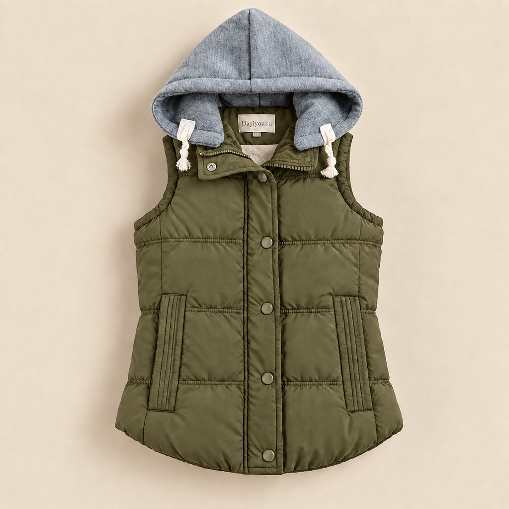 Women's quilted vest with hood, zipper and pockets