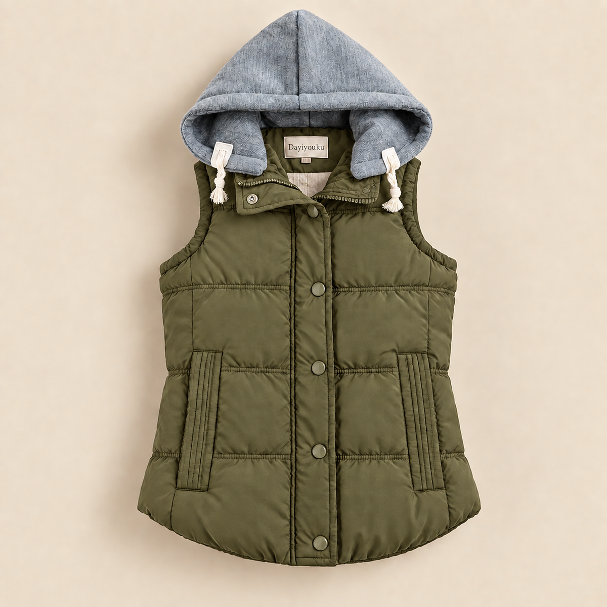 Women's quilted vest with hood, zipper and pockets