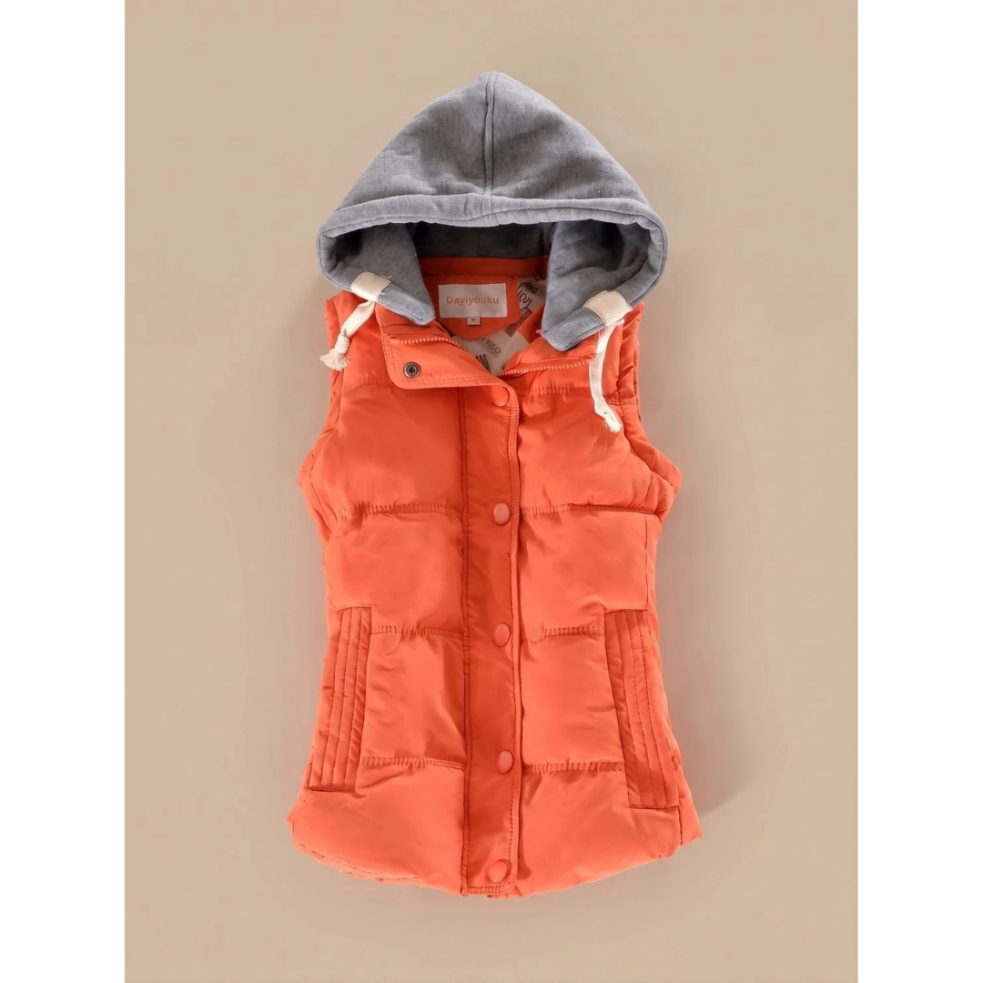 Women's quilted vest with hood, zipper and pockets