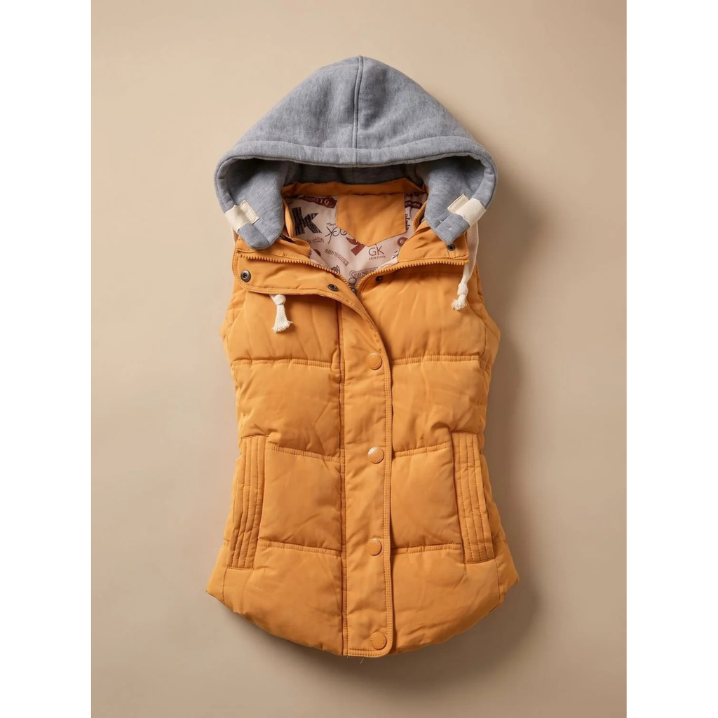 Women's quilted vest with hood, zipper and pockets