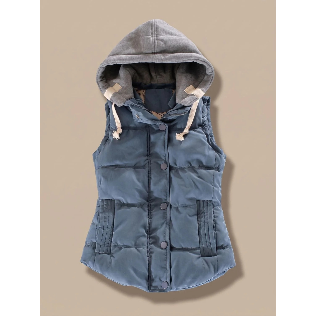 Women's quilted vest with hood, zipper and pockets