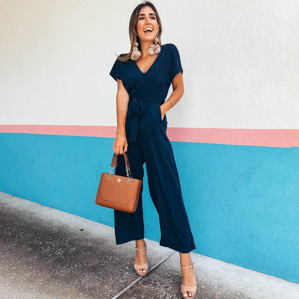Jumpsuit with V-Neck, Side Pockets and Relaxed Fit | Perfect for Spring and Summer - Navy