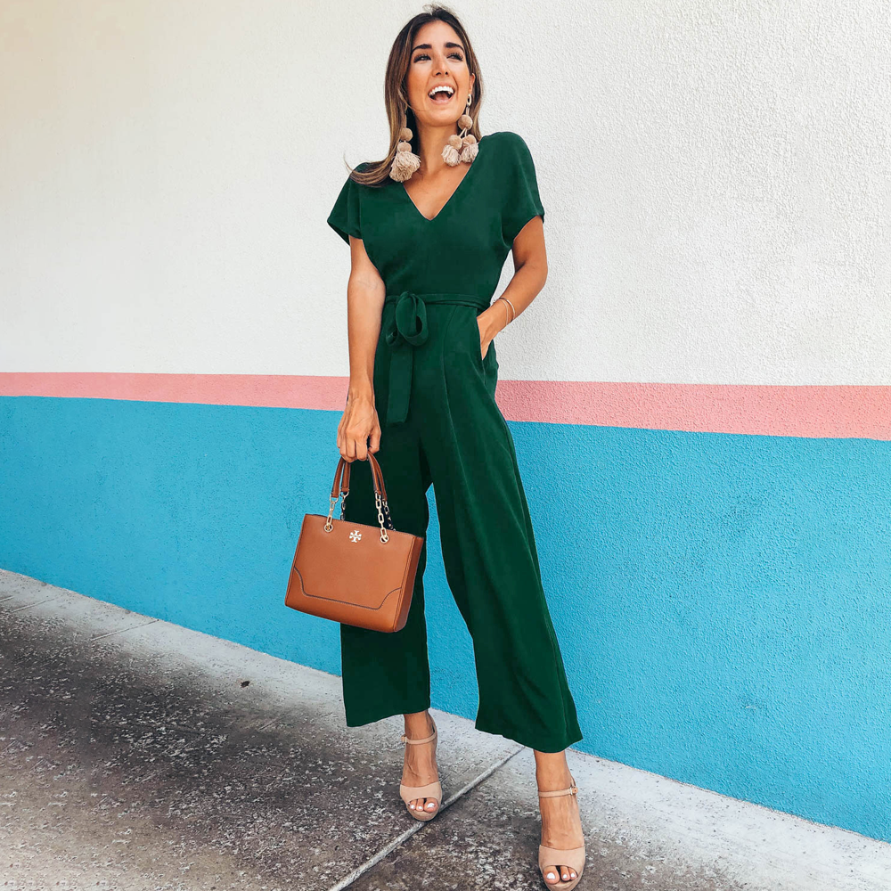 Jumpsuit with V-Neck, Side Pockets and Relaxed Fit | Perfect for Spring and Summer - Green