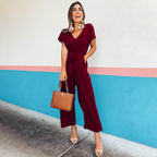 Jumpsuit with V-Neck, Side Pockets and Relaxed Fit | Perfect for Spring and Summer - Wine Red