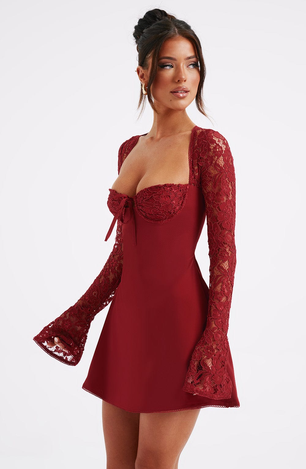 Women’s Long Sleeve A Line Mini Dress | Cupped Bust Tie Front