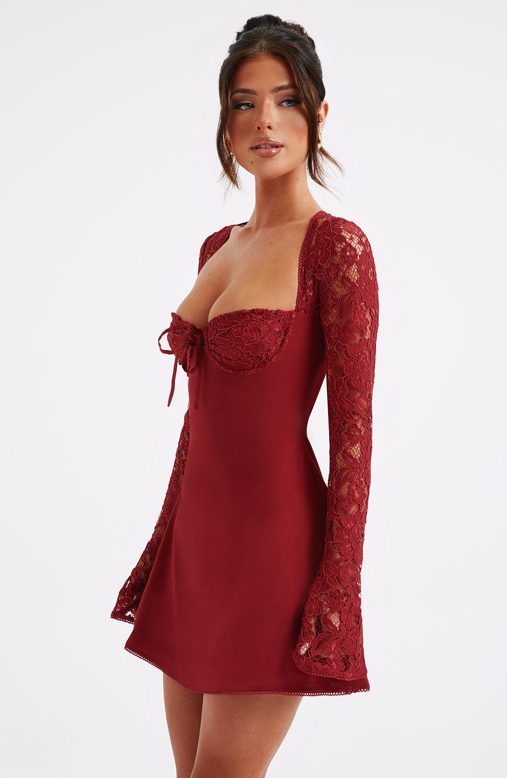 Women’s Long Sleeve A Line Mini Dress | Cupped Bust Tie Front