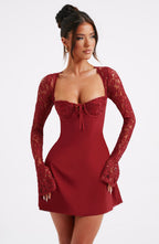Women’s Long Sleeve A Line Mini Dress | Cupped Bust Tie Front
