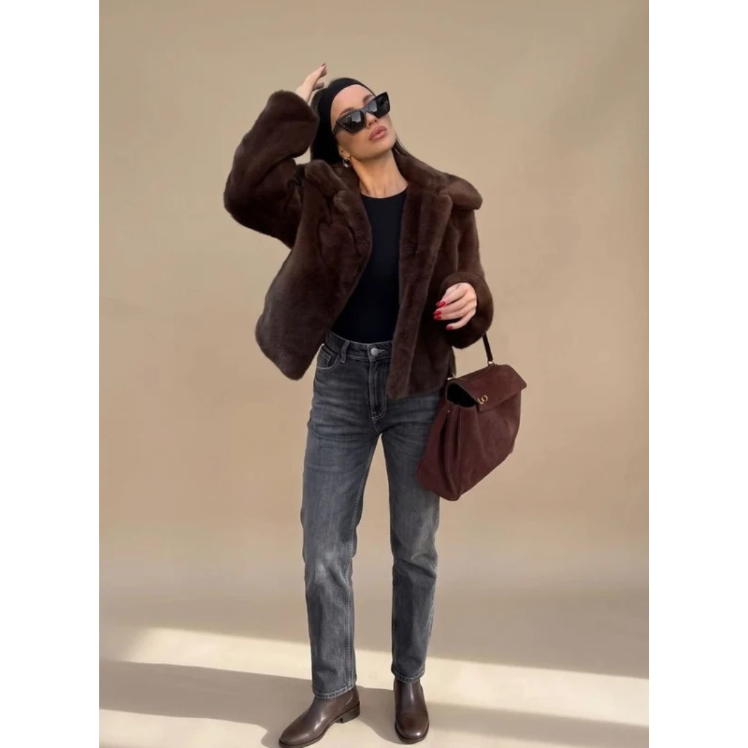 Women's Brown Faux Fur Coat with Collar and Long Sleeves