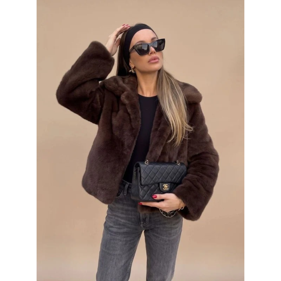 Women's Brown Faux Fur Coat with Collar and Long Sleeves