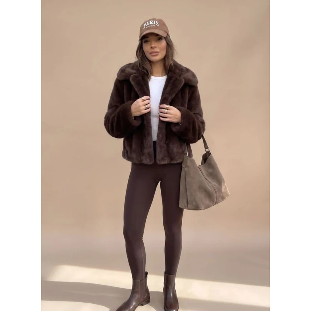 Women's Brown Faux Fur Coat with Collar and Long Sleeves