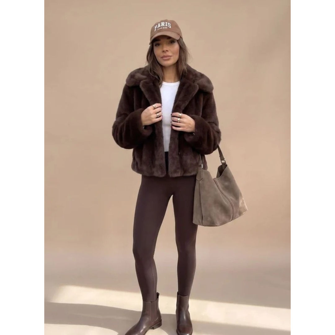 Women's Brown Faux Fur Coat with Collar and Long Sleeves