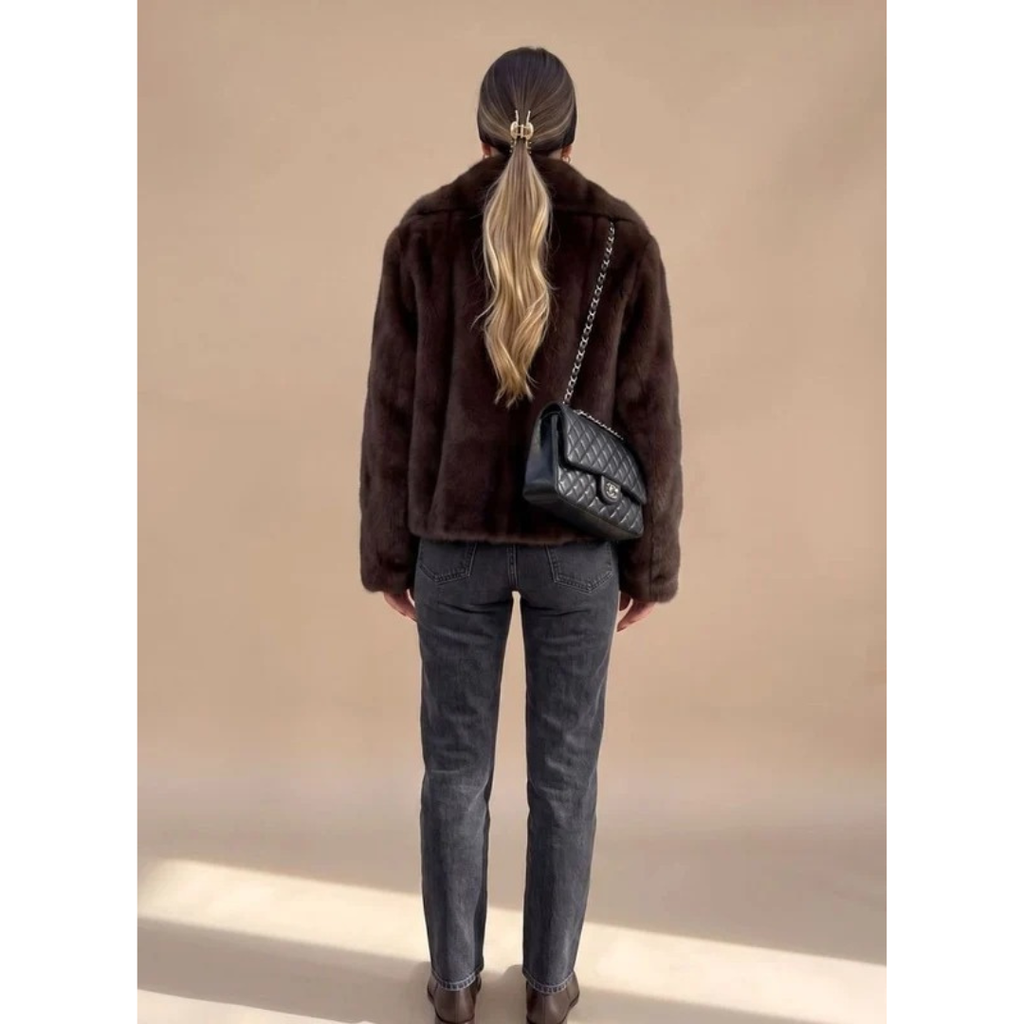 Women's Brown Faux Fur Coat with Collar and Long Sleeves