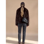 Women's Brown Faux Fur Coat with Collar and Long Sleeves