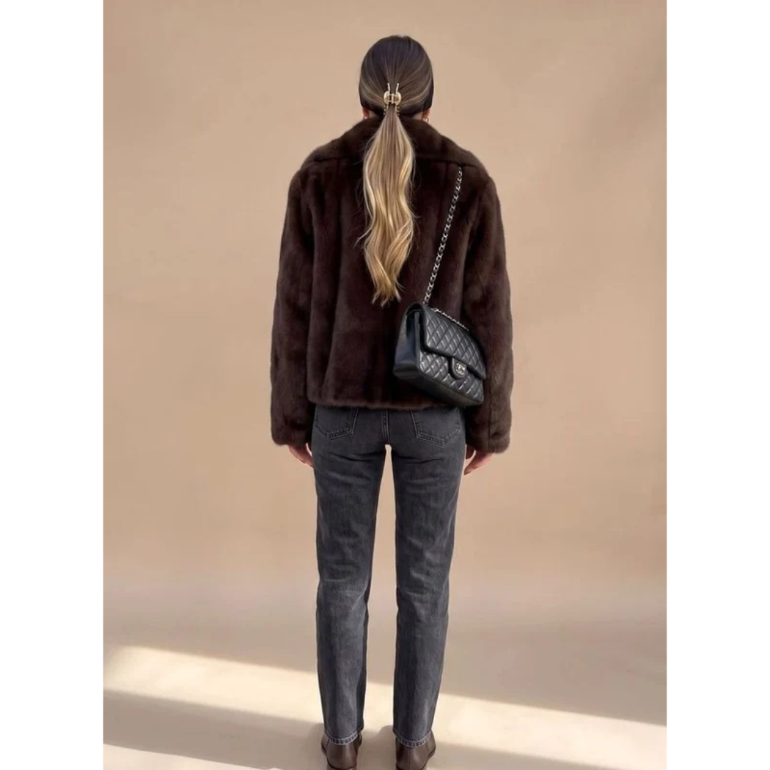 Women's Brown Faux Fur Coat with Collar and Long Sleeves