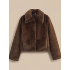 Women's Brown Faux Fur Coat with Collar and Long Sleeves