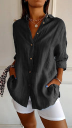 Women's Autumn Blouse with Pleated Detail, Long Sleeves and Fitted Collar - Black