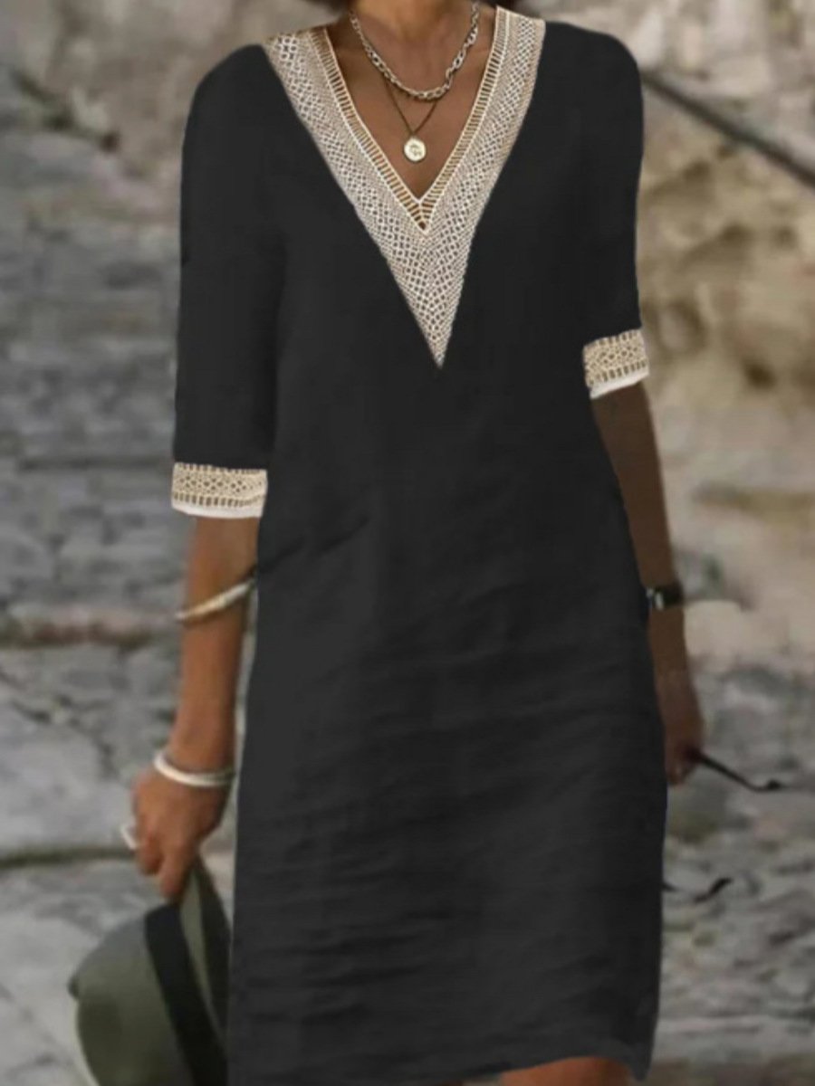 Women's Autumn Dress with V-Neck, Lace Trim and 3/4 Sleeves - Black