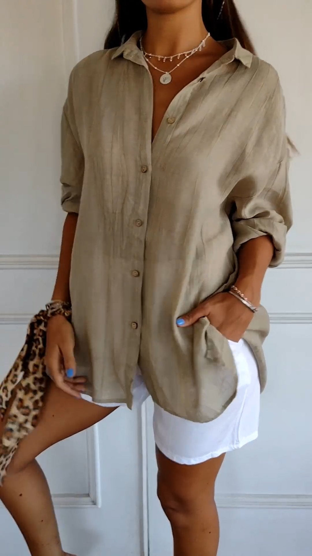 Women's Autumn Blouse with Pleated Detail, Long Sleeves and Fitted Collar - Brown