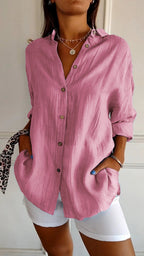 Women's Autumn Blouse with Pleated Detail, Long Sleeves and Fitted Collar - Pink