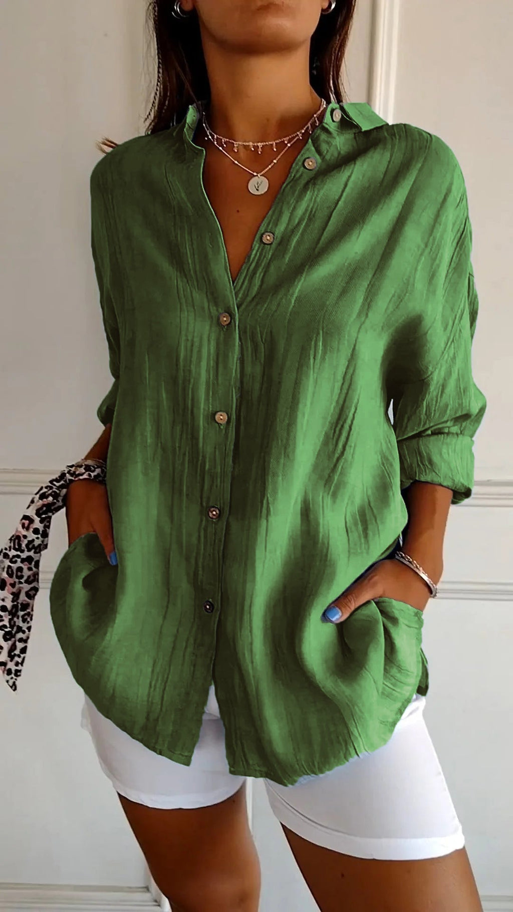 Women's Autumn Blouse with Pleated Detail, Long Sleeves and Fitted Collar - Green