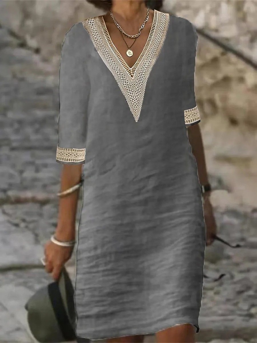 Women's Autumn Dress with V-Neck, Lace Trim and 3/4 Sleeves - Gray