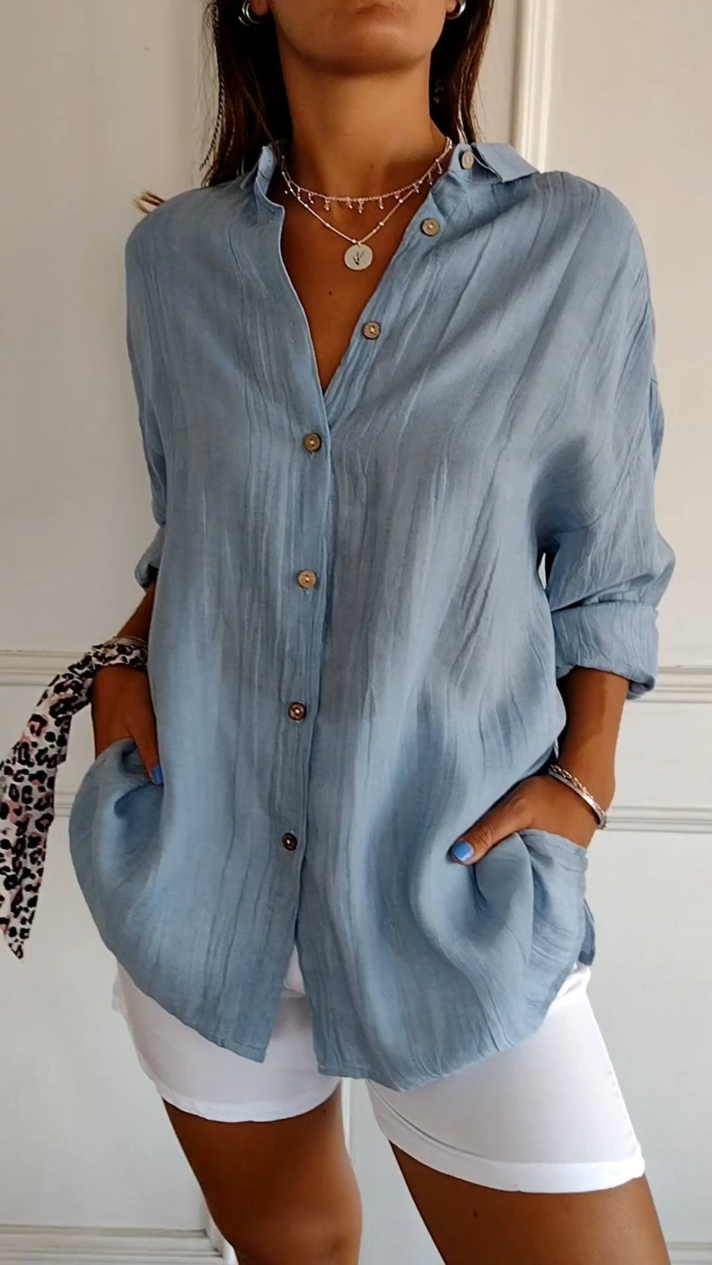Women's Autumn Blouse with Pleated Detail, Long Sleeves and Fitted Collar - Blue