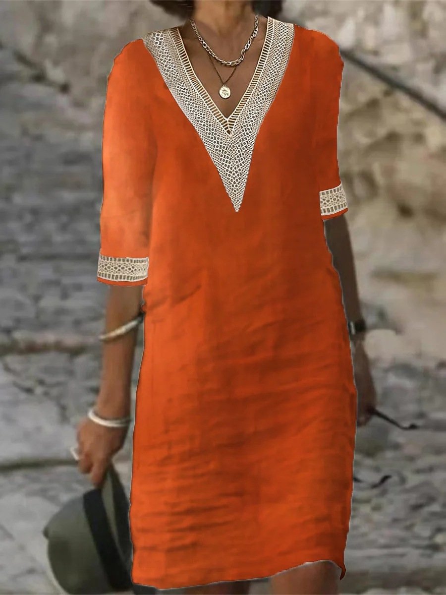 Women's Autumn Dress with V-Neck, Lace Trim and 3/4 Sleeves - Orange