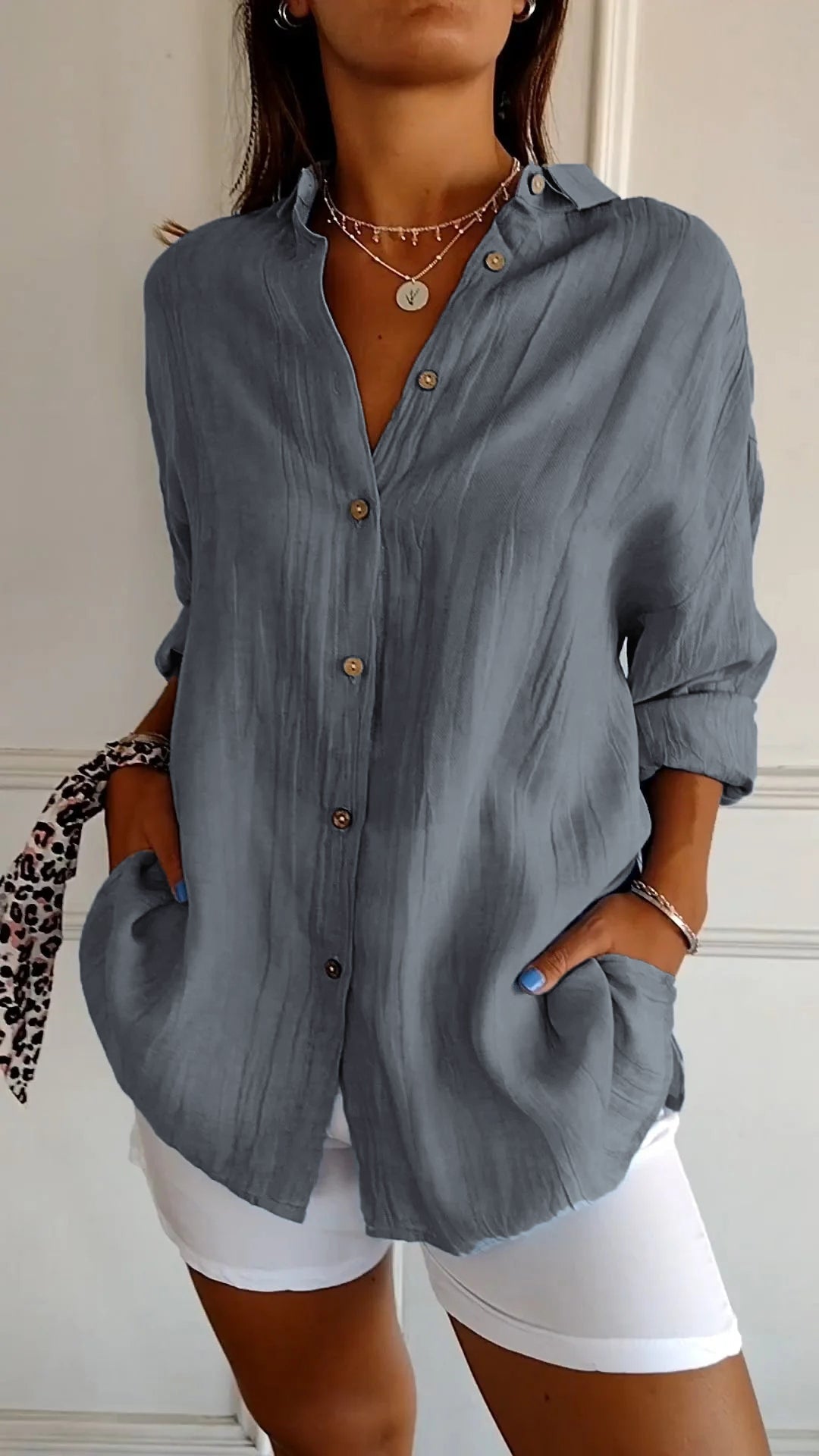Women's Autumn Blouse with Pleated Detail, Long Sleeves and Fitted Collar - Gray