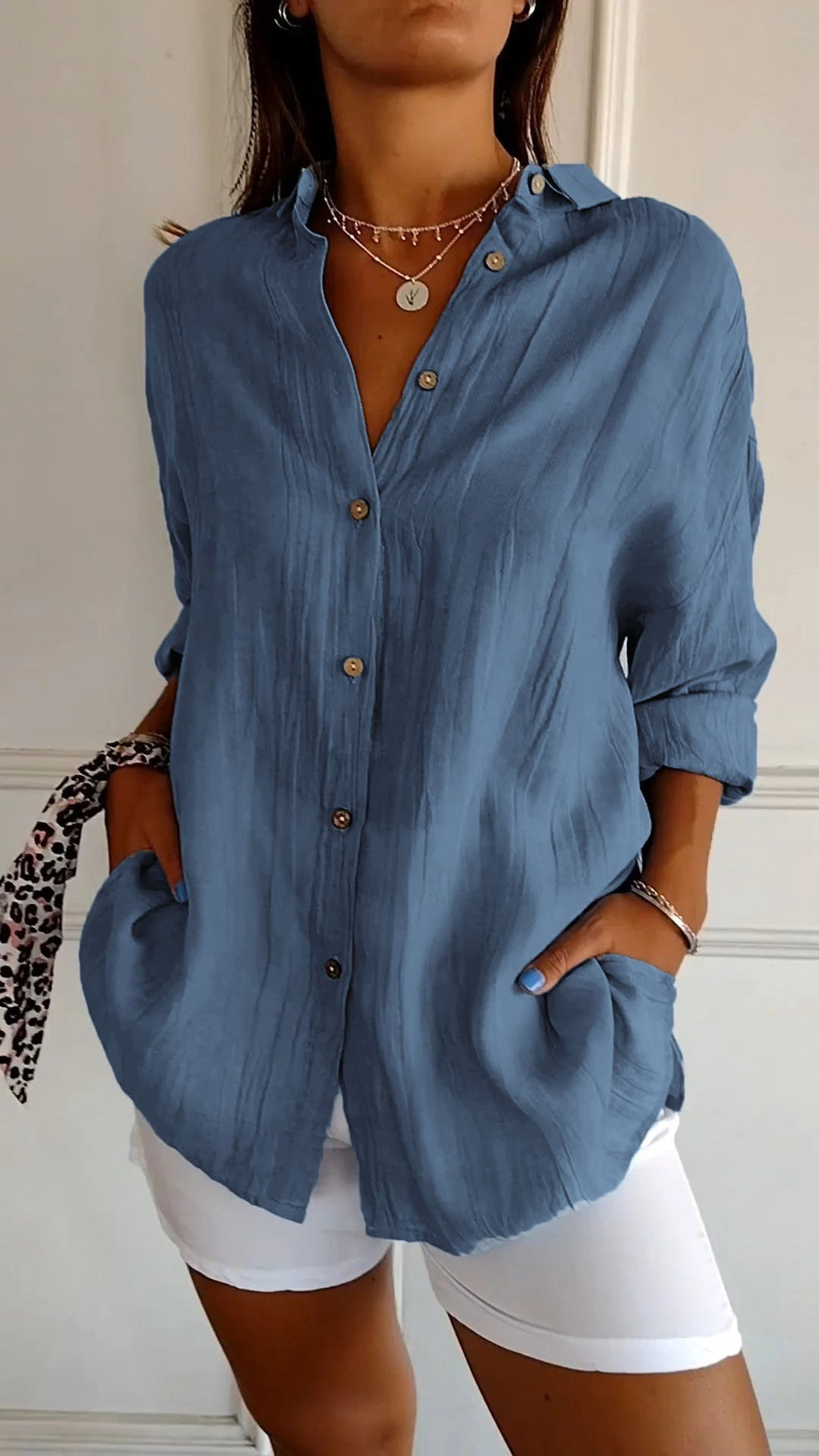 Women's Autumn Blouse with Pleated Detail, Long Sleeves and Fitted Collar - Navy