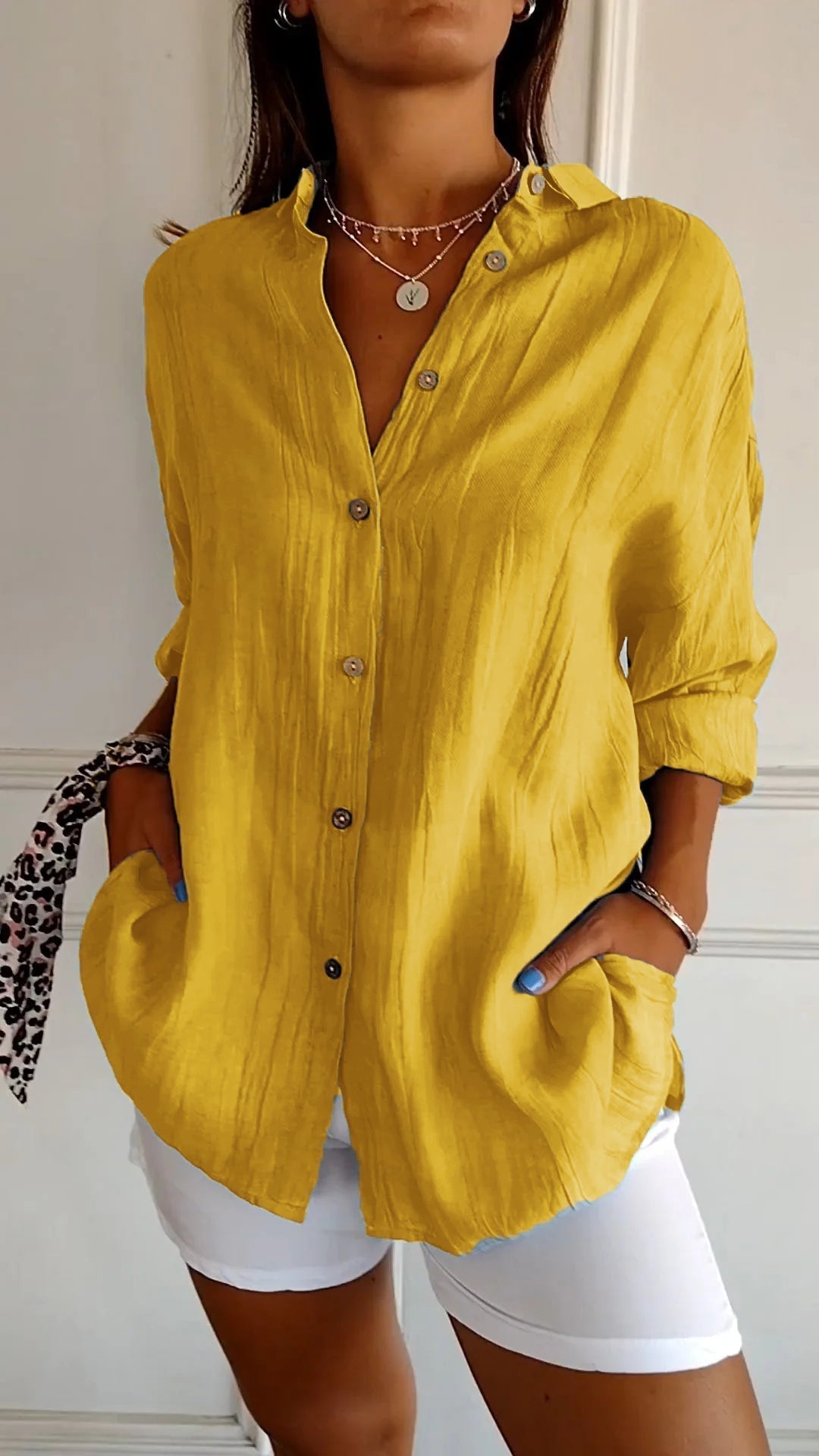 Women's Autumn Blouse with Pleated Detail, Long Sleeves and Fitted Collar - Yellow