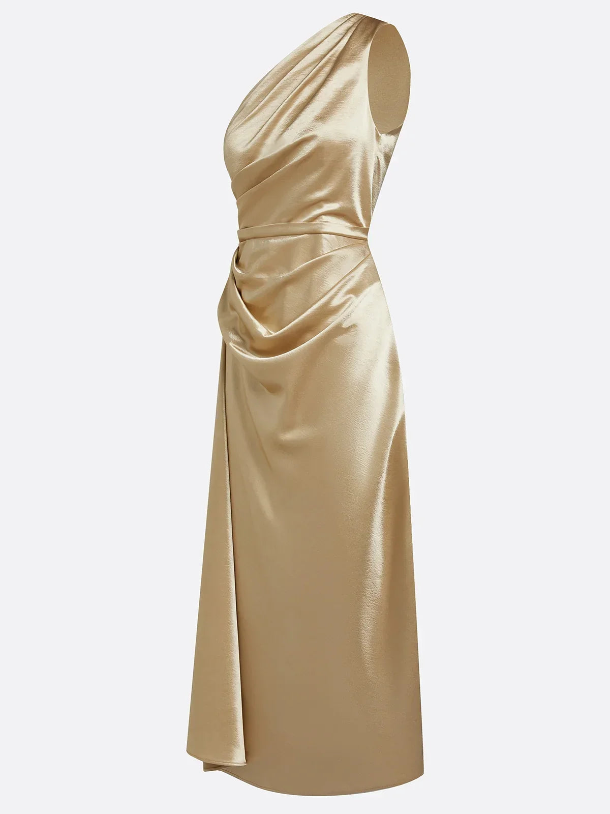 Women's One-Shoulder Ruched Sheen Midi Dress