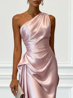Women's One-Shoulder Ruched Sheen Midi Dress