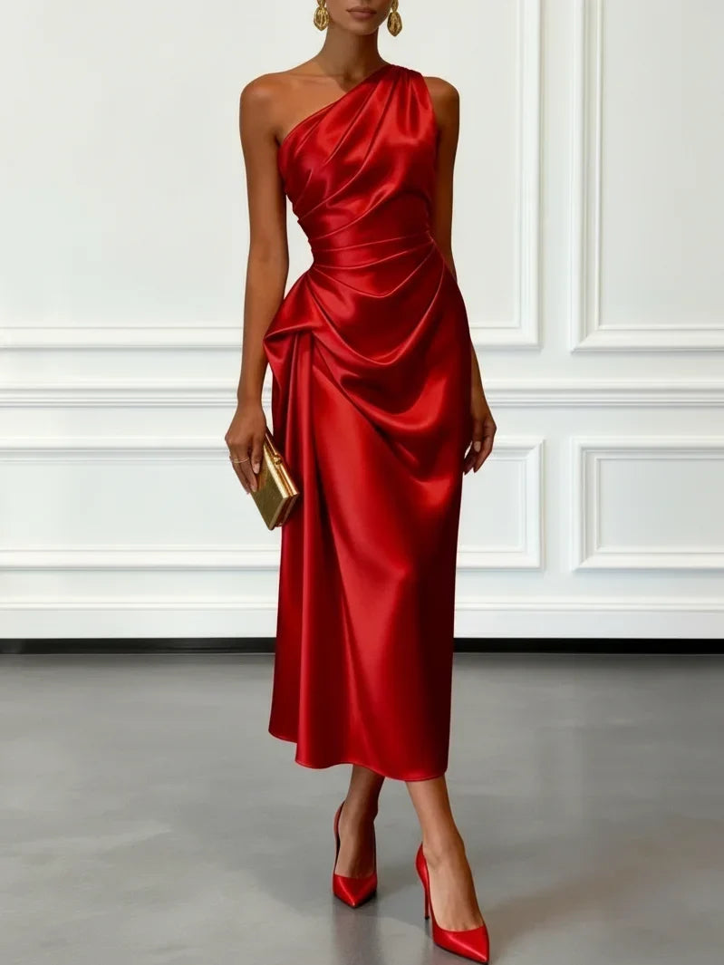 Women's One-Shoulder Ruched Sheen Midi Dress